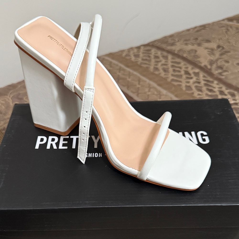 PrettyLittleThing White Square Toe Block Heel Sandals